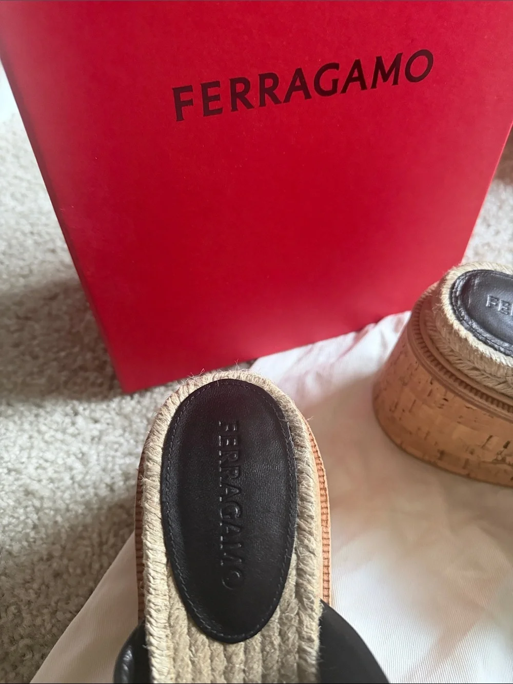 Salvatore Ferragamo Beige and Black Canvas Espadrille Wedge Slides